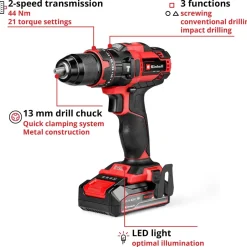 Akkuiskuporakone Einhell PXC TE-CD 18/44 Li-i, 18V, 2.5Ah akulla