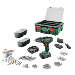 Akkuporakone Bosch UniversalDrill 18V, 2x1.5Ah akuilla, 241 tarviketta + SystemBox