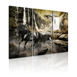 Canvas-taulu Artgeist Black horse and rocky waterfall, eri kokoja