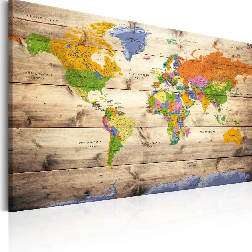 Canvas-taulu Artgeist Map on wood: Colourful Travels, eri kokoja