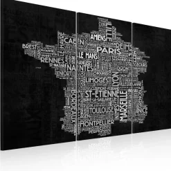 Canvas-taulu Artgeist Text map of France on the black background, 3-osainen, eri kokoja