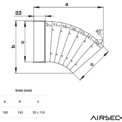 IV-kanavan käyrä Airsec 55x110 mm, 0-45°, horisontaalinen, muovi