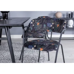 Jatkettava ruokailuryhmä Venture Home, 195/280x95cm musta Sleek + 6 mustaa Arrow-tuolia, kukkakuosi, sametti