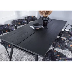 Jatkettava ruokailuryhmä Venture Home, 195/280x95cm musta Sleek + 6 mustaa Arrow-tuolia, kukkakuosi, sametti