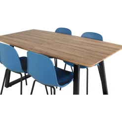 Jatkettava ruokailuryhmä Venture Home, 160/200x85cm pähkinänruskea Inca-pöytä + 4 sinistä Arctic-tuolia