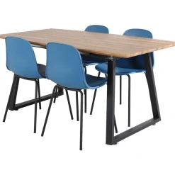 Jatkettava ruokailuryhmä Venture Home, 160/200x85cm pähkinänruskea Inca-pöytä + 4 sinistä Arctic-tuolia
