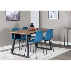 Jatkettava ruokailuryhmä Venture Home, 160/200x85cm pähkinänruskea Inca-pöytä + 4 sinistä Arctic-tuolia