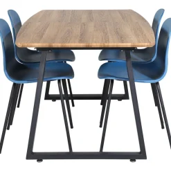 Jatkettava ruokailuryhmä Venture Home, 160/200x85cm pähkinänruskea Inca-pöytä + 4 sinistä Arctic-tuolia