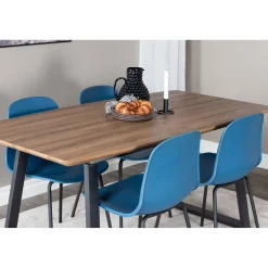 Jatkettava ruokailuryhmä Venture Home, 160/200x85cm pähkinänruskea Inca-pöytä + 4 sinistä Arctic-tuolia