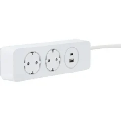 Jatkojohto Gelia 2+1+1 Kombi, 2m, 2-osainen + 1xUSB-A + 1xUSB-C, valkoinen/harmaa
