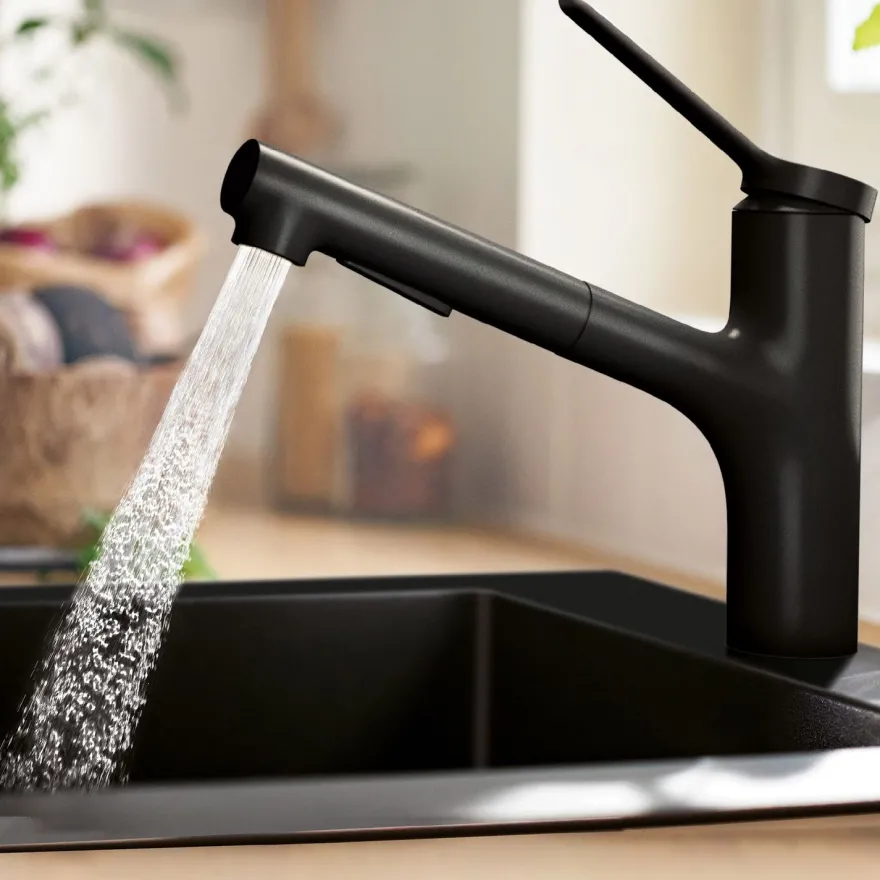 Keittiöhana Hansgrohe Zesis M33 150 2 jet, ulosvedettävä juoksuputki, sBox lite, mattamusta