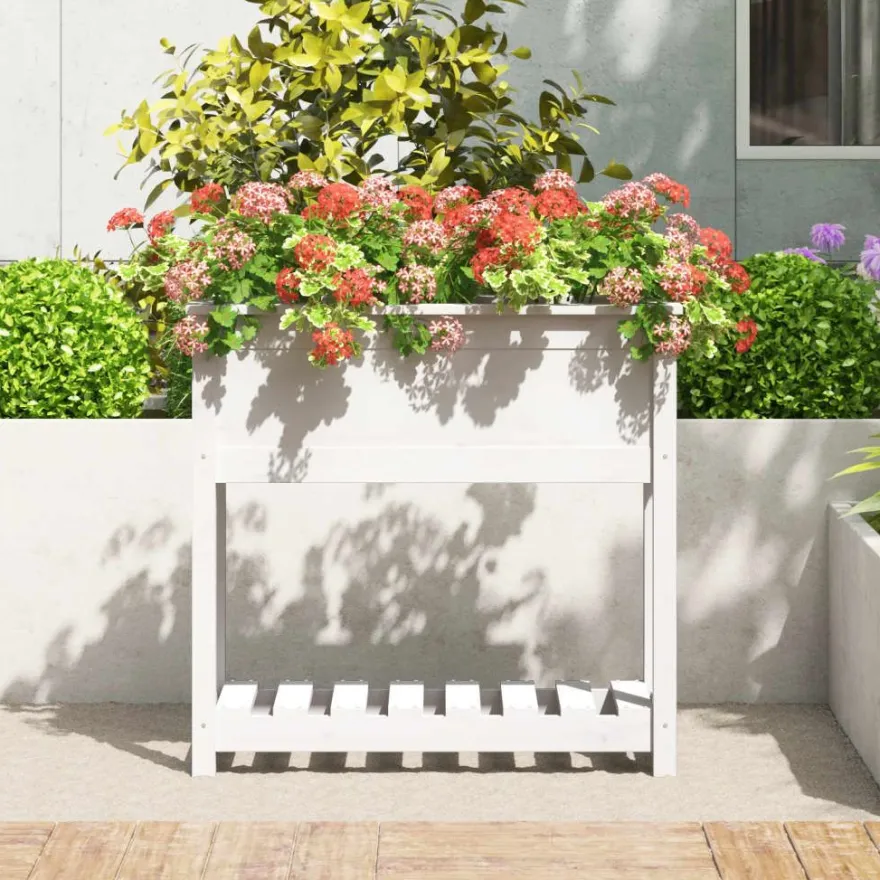 Kukkalaatikko hyllyllä, mänty, eri kokoja ja värejä