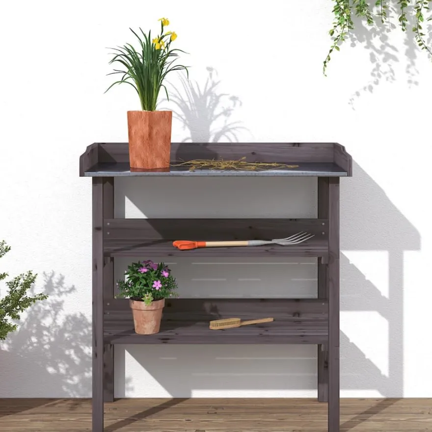 Kukkapöytä hyllyillä harmaa 78x38x82,5 cm, kuusi