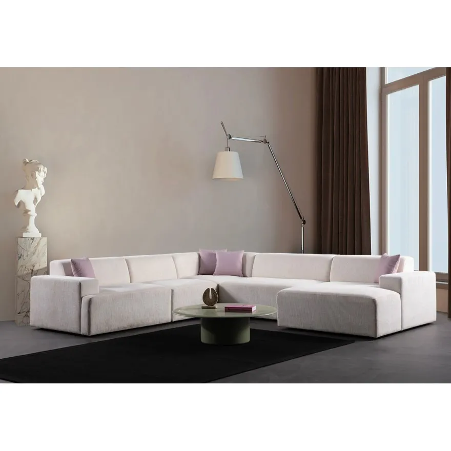Kulmasohva Linento Furniture Melva, 5-istuttava, rahilla, valkoinen
