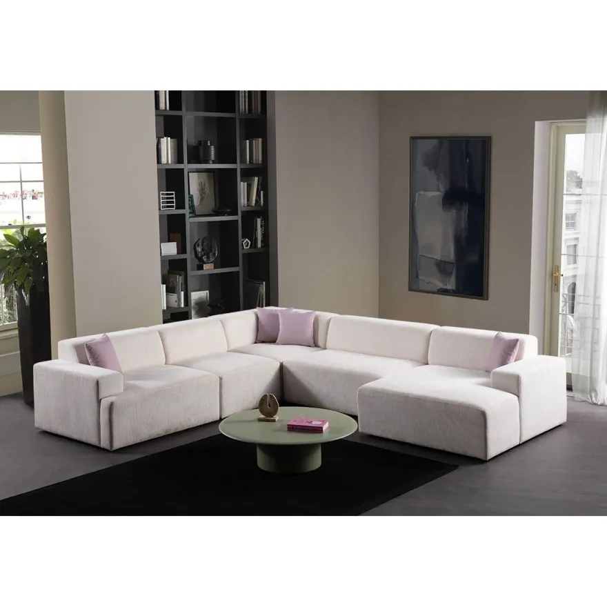 Kulmasohva Linento Furniture Melva, 5-istuttava, rahilla, valkoinen