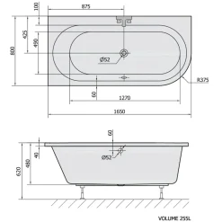 Kylpyamme Interia Astra 165x800x480 mm, vasen, valkoinen