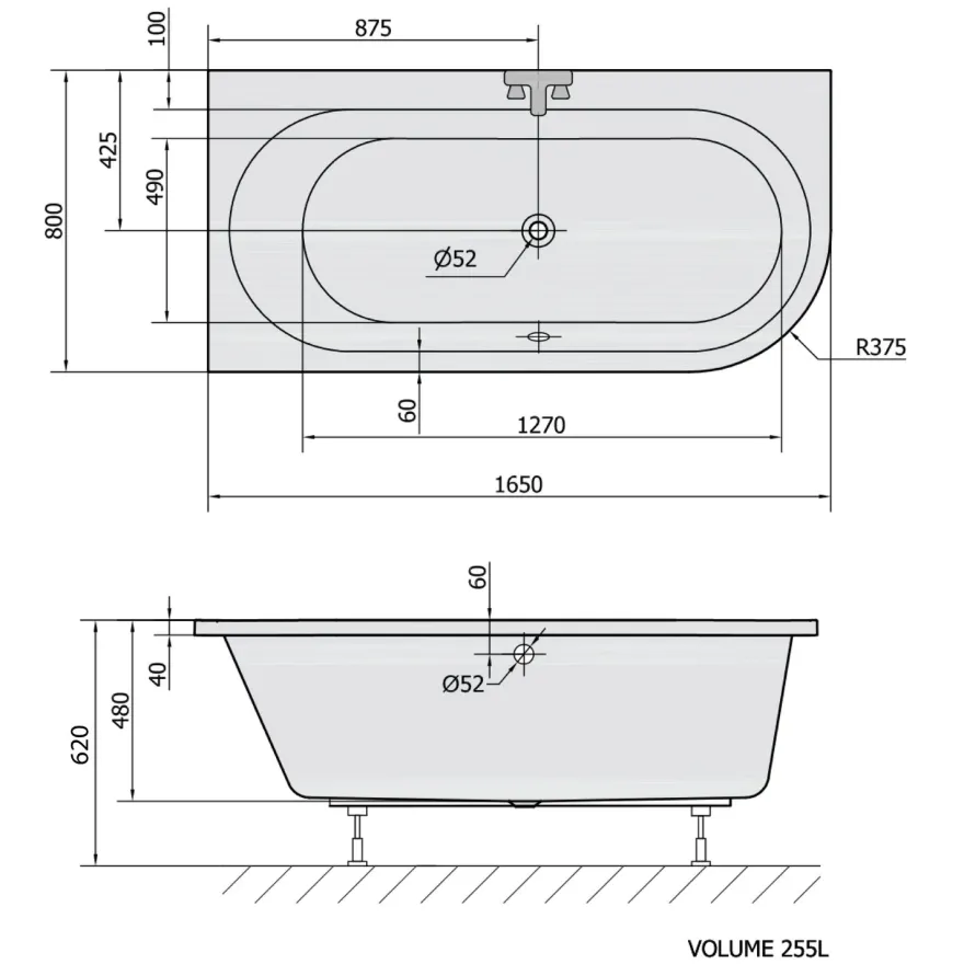 Kylpyamme Interia Astra 165x800x480 mm, vasen, valkoinen