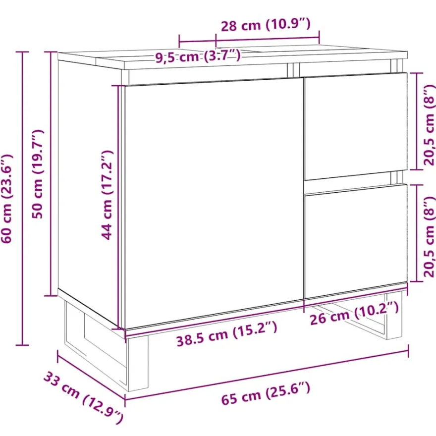 Kylpyhuoneen kaappi teknisestä puusta, 65x33x60 cm, eri värejä (29866)
