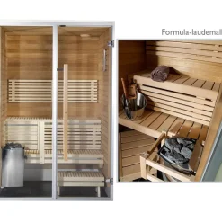 Kylpyhuonesauna Sirius Formula, 1400x1240, eri materiaaleja, lämpökäsitelty panelointi
