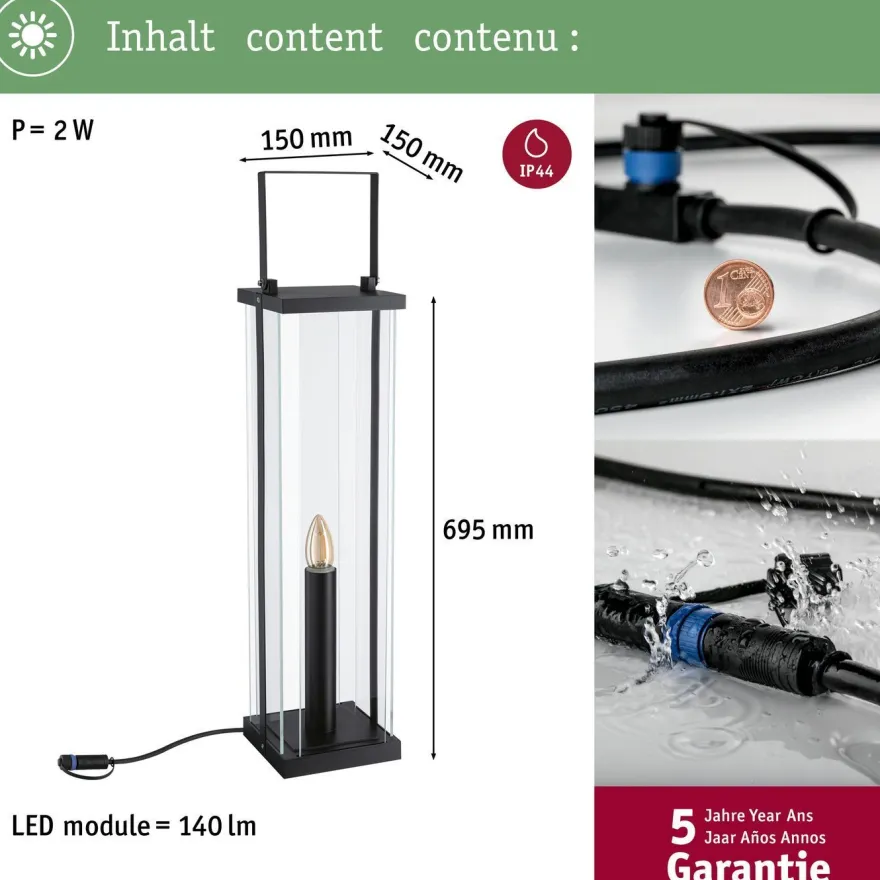 LED-lyhty Paulmann Plug & Shine Classic, 69.5cm, IP44, 1900K, antrasiitti