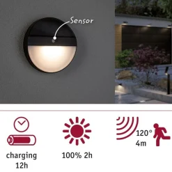 LED-ulkoseinävalaisin aurinkokennolla Paulmann Elios, IP44, 3000K, liiketunnistin, antrasiitti