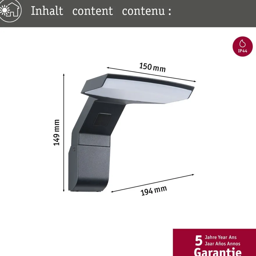 LED-ulkoseinävalaisin liiketunnistimella Paulmann Zenera, IP44, 2200-3000K, korroosionkestävä, antrasiitti