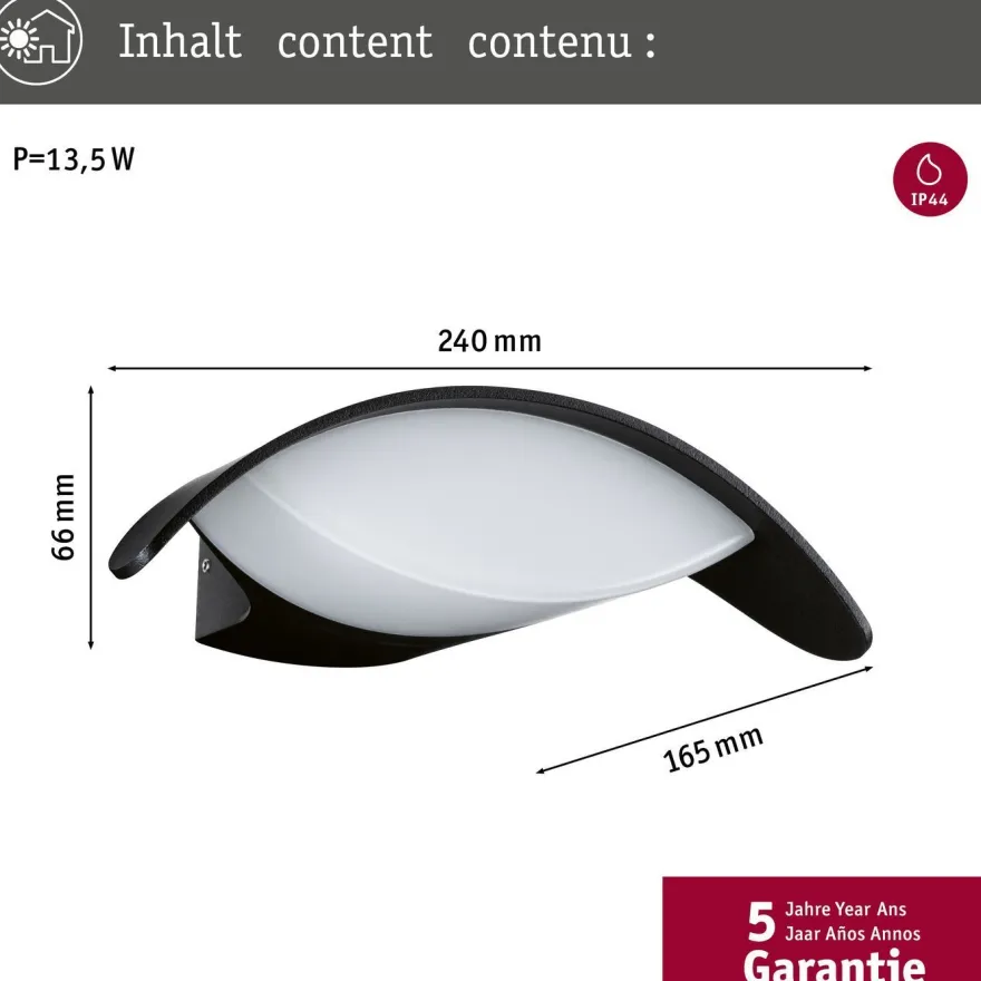 LED-ulkoseinävalaisin Paulmann Mesana, IP44, 24x16.5cm, 3000K, antrasiitti