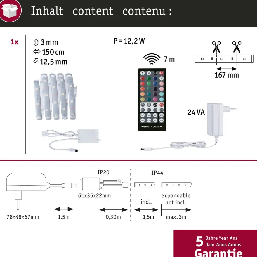 LED-valonauha Paulmann MaxLED 250, aloituspakkaus, IP44, 230lm/m RGBW+, 24VA, eri kokoja