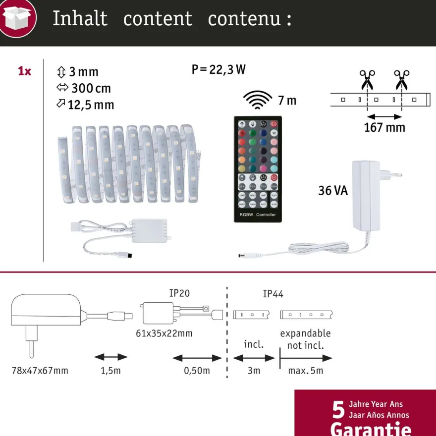 LED-valonauha Paulmann MaxLED 250, aloituspakkaus, IP44, 230lm/m RGBW+, 24VA, eri kokoja