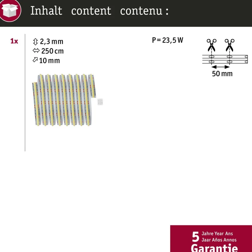 LED-valonauha Paulmann MaxLED 1000 Full-Line COB, 2.5m, 23.5W, 1200lm/m, 672LEDs/m, säädettävä värilämpötila