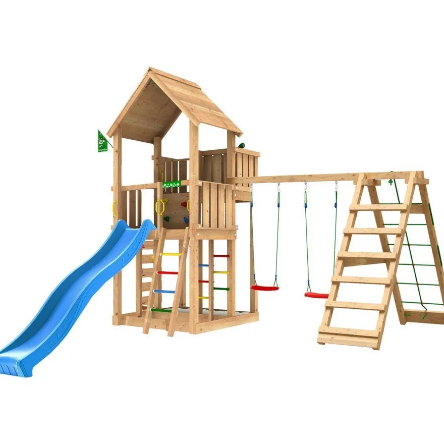 Leikkitorni Jungle Gym Palace 2.1, 2-Climb Module 220, sininen liukumäki ja 120 kg hiekkaa