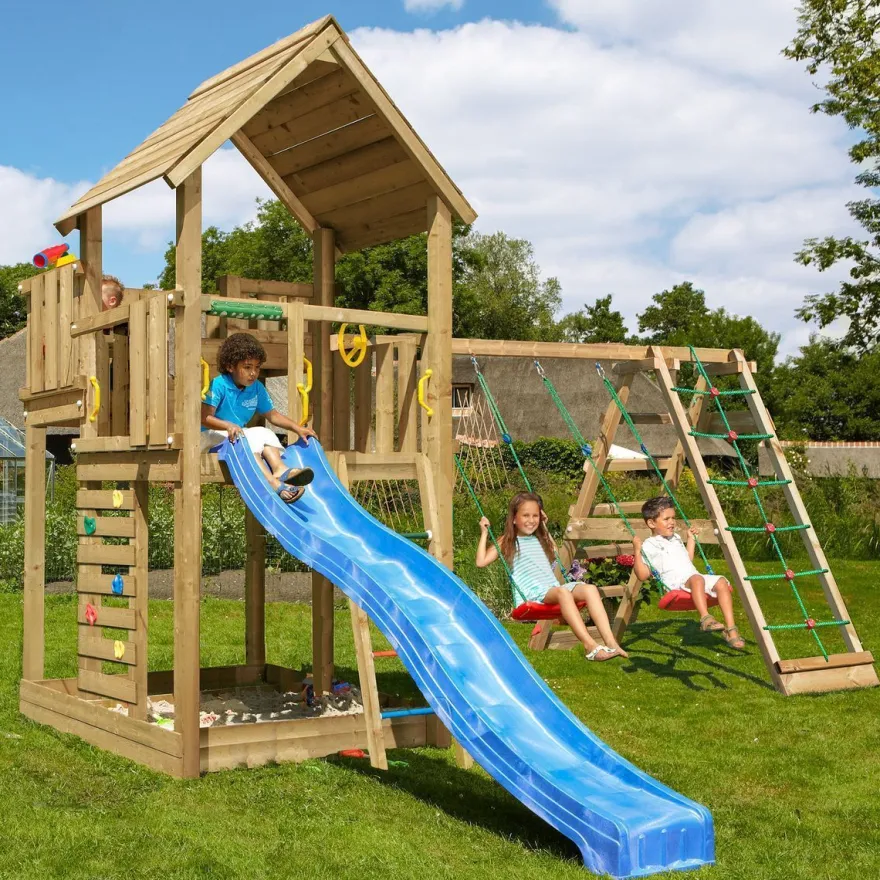 Leikkitorni Jungle Gym Palace 2.1, 2-Climb Module 220, sininen liukumäki ja 120 kg hiekkaa