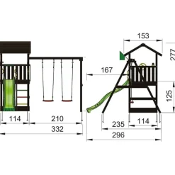 Leikkitornikokonaisuus Jungle Gym Casa 2.1, 2-Swing Module 220, mustaksi petsattu, tummanvihreä liukumäki