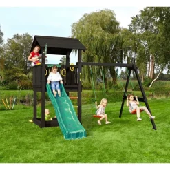 Leikkitornikokonaisuus Jungle Gym Casa 2.1, 2-Swing Module 220, mustaksi petsattu, tummanvihreä liukumäki