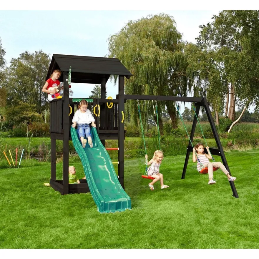 Leikkitornikokonaisuus Jungle Gym Casa 2.1, 2-Swing Module 220, mustaksi petsattu, tummanvihreä liukumäki