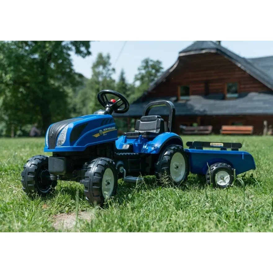 Leikkitraktori peräkärryllä Falk New Holland, sininen