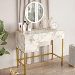 Meikkipöytä Linento Furniture Vg32, valkoinen/kulta