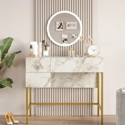 Meikkipöytä Linento Furniture Vg32, valkoinen/kulta