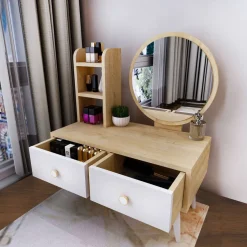Meikkipöytä peilillä Linento Furniture Cindy, vaaleanruskea/valkoinen