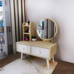 Meikkipöytä peilillä Linento Furniture Cindy, vaaleanruskea/valkoinen