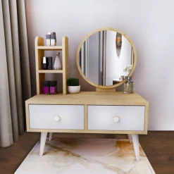 Meikkipöytä peilillä Linento Furniture Cindy, vaaleanruskea/valkoinen