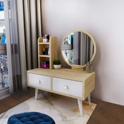 Meikkipöytä peilillä Linento Furniture Cindy, vaaleanruskea/valkoinen