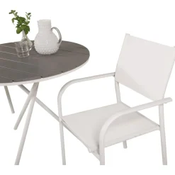 Parvekeryhmä Venture Home, ø90cm harmaa-valkoinen Parma-pöytä + 2 valkoista, pinottavaa Santorini-tuolia