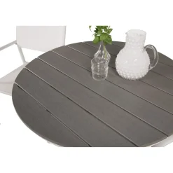 Parvekeryhmä Venture Home, ø90cm harmaa-valkoinen Parma-pöytä + 2 valkoista, pinottavaa Santorini-tuolia