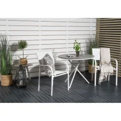 Parvekeryhmä Venture Home, ø90cm harmaa-valkoinen Parma-pöytä + 2 valkoista, pinottavaa Santorini-tuolia