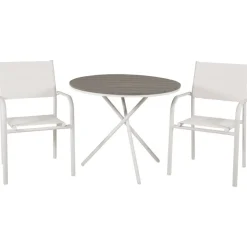 Parvekeryhmä Venture Home, ø90cm harmaa-valkoinen Parma-pöytä + 2 valkoista, pinottavaa Santorini-tuolia