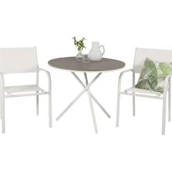 Parvekeryhmä Venture Home, ø90cm harmaa-valkoinen Parma-pöytä + 2 valkoista, pinottavaa Santorini-tuolia