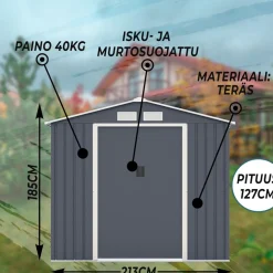 Pihavarasto Fornorth, sokkelilla, harmaa, eri kokoja