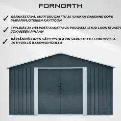 Pihavarasto Fornorth, sokkelilla, harmaa, eri kokoja