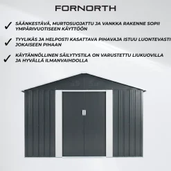 Pihavarasto Fornorth, sokkelilla, harmaa, eri kokoja